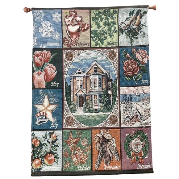 Vintage Woven Tapestry of Seasons Months of the Year & Holidays with Hanging woo - Picture 2 of 10